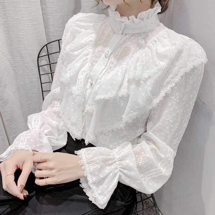 Ruffle Lace High Neck Button Up Shirt (2 Colors)