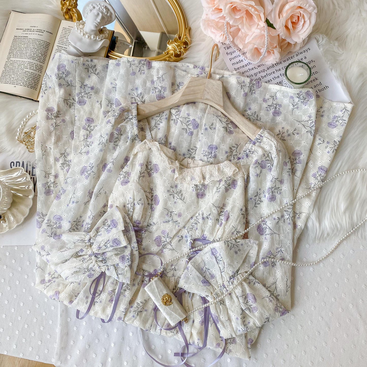 Dainty Rose Lace Up Dress (White/Purple)