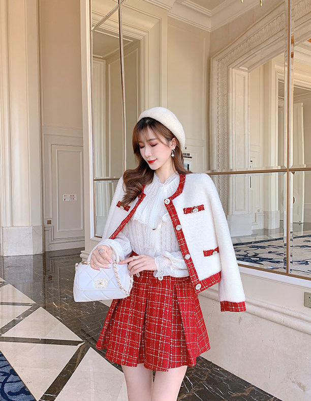 Apple Pie Fur Tweed Set (White/Red)