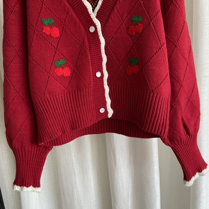 Cherry Diamond Knit Cardigan (3 Colors)