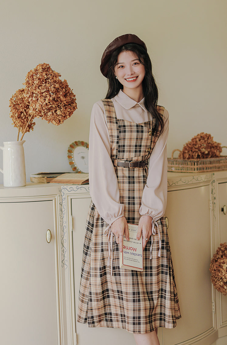 Honey Plaid Pinafore Dress (Khaki)