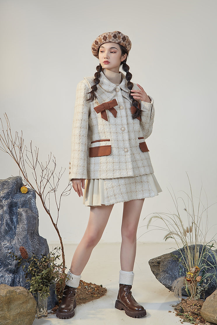 Latte Plaid Tweed Jacket / Skirt (Cream/Brown)