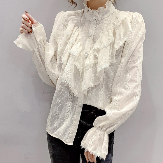 Ruffle Lace High Neck Button Up Shirt (2 Colors)