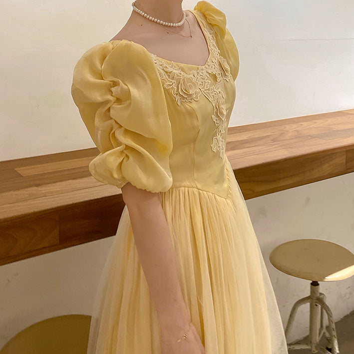 Belle Satin Puff Sleeve Maxi Dress (Yellow)