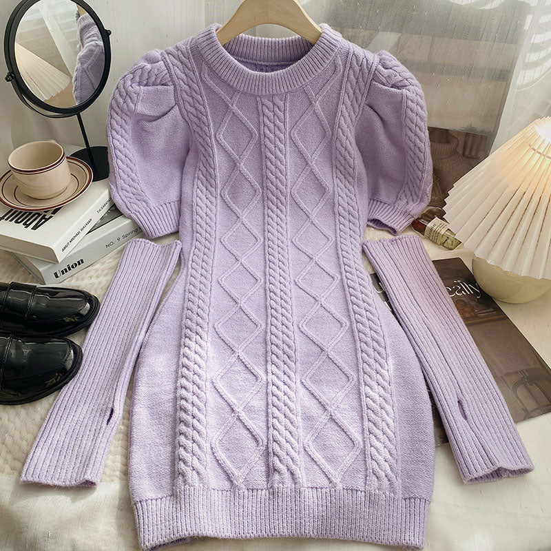 Puff Sleeve Cable Knit Sweater Dress (4 Colors) – Megoosta Fashion