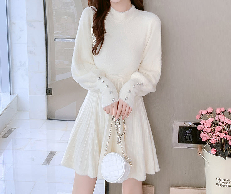 Fuzzy Puff Sleeve Sweater Dress (3 Colors) White / L