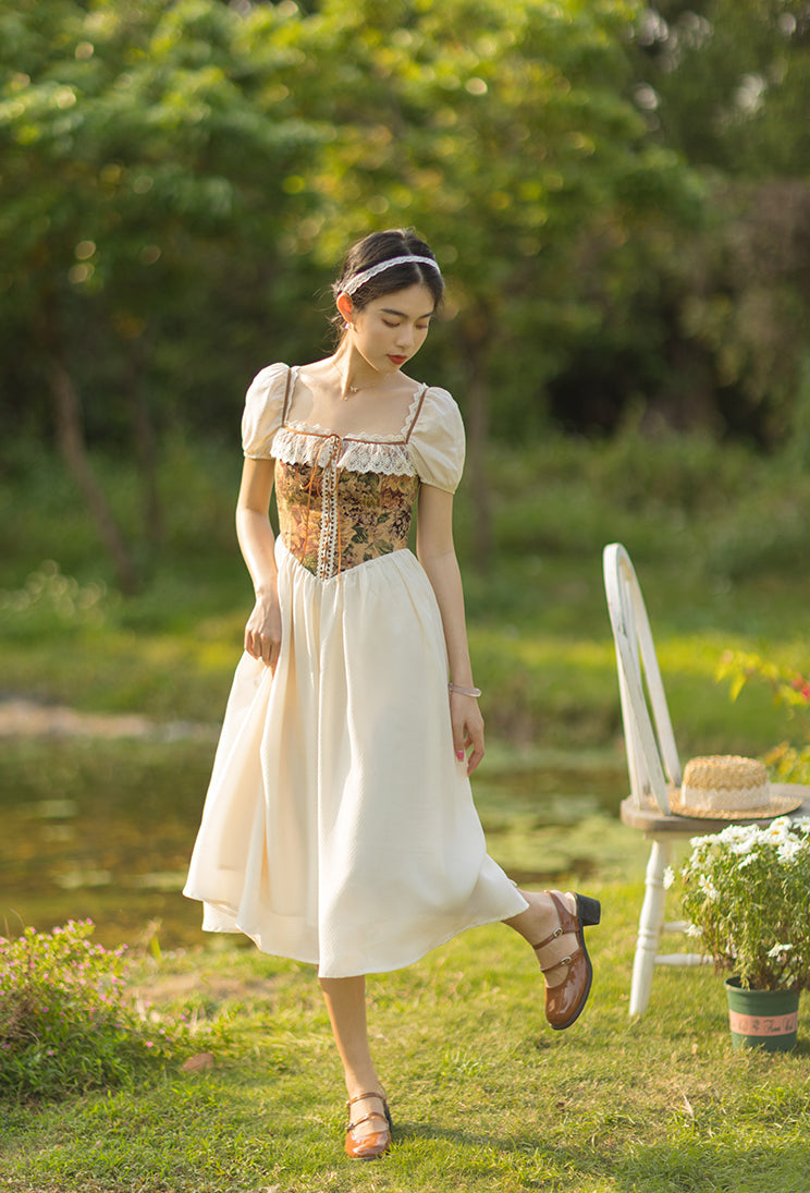 Rustic Floral Countryside Midi Dress (Cream)