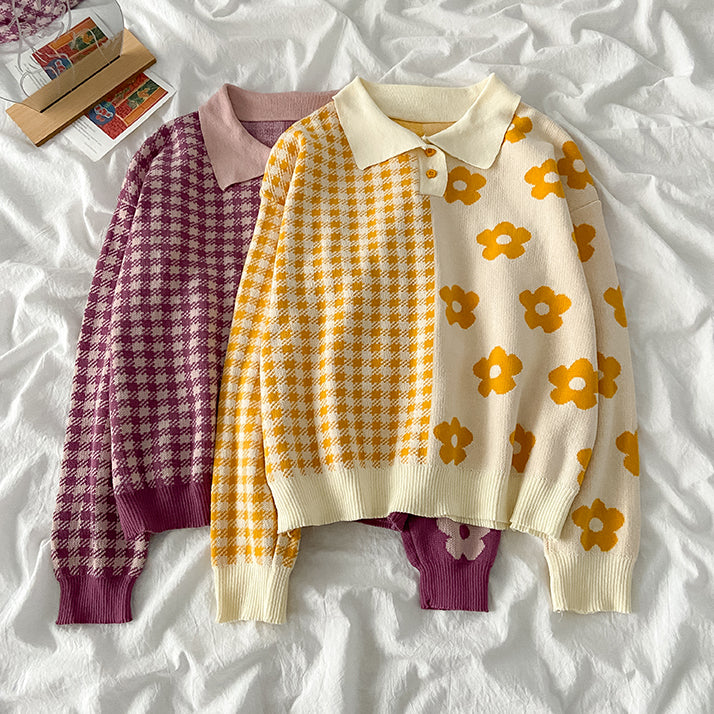 Gingham Daisy Polo Sweater (2 Colors)