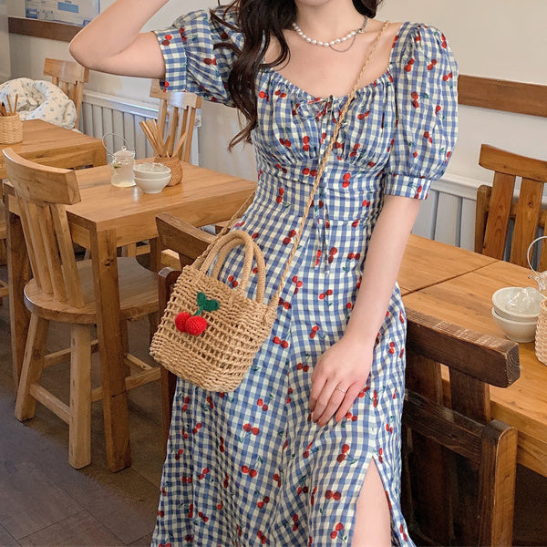 Cherry Gingham Midi Dress (Blue) – Megoosta Fashion