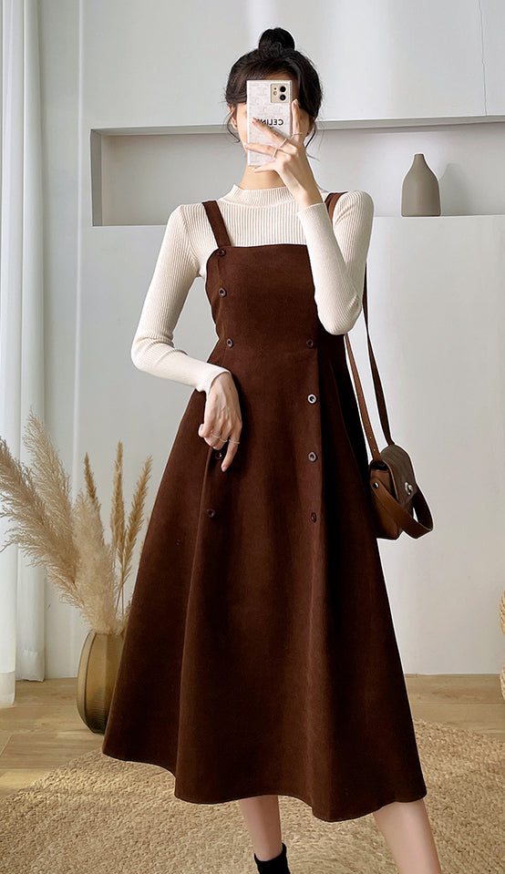 Corduroy Suede Double Button Cami Dress (2 Colors)