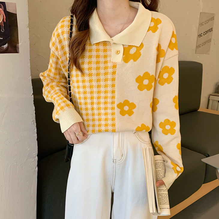 Gingham Daisy Polo Sweater (2 Colors)