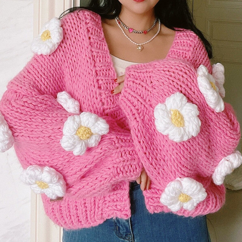 Daisy Cardigan, Chunky Cardigan, Pink Daisy Sweater, Crop Daisy Cardigan, Knit Chunky Cardigan, Handknit Chunky Cardigan 2024