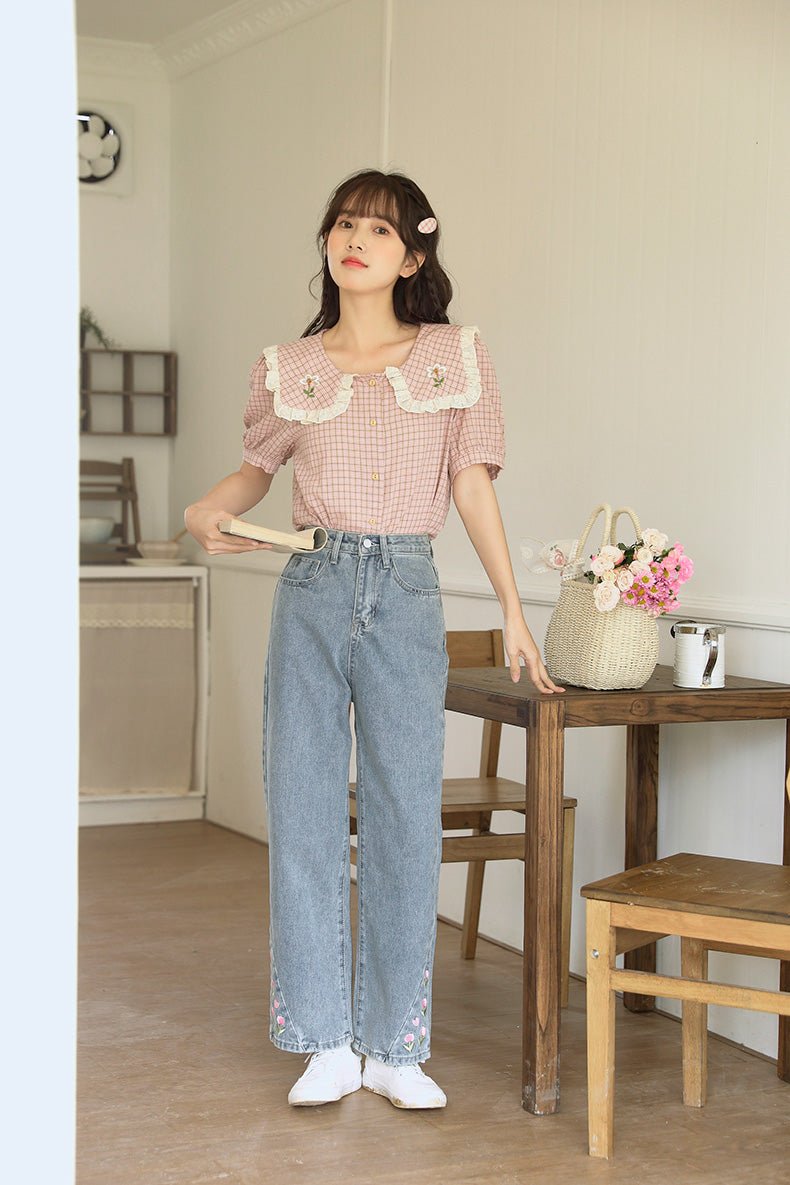 Cottage Flower Plaid Blouse (Pink)