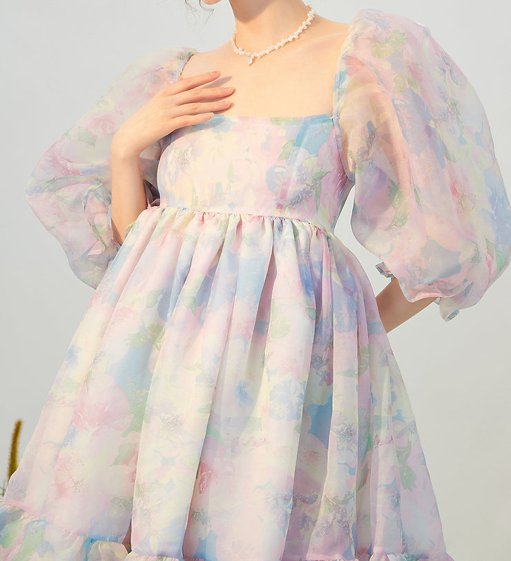 Watercolor Floral Puff Dress (Blue/Pink)