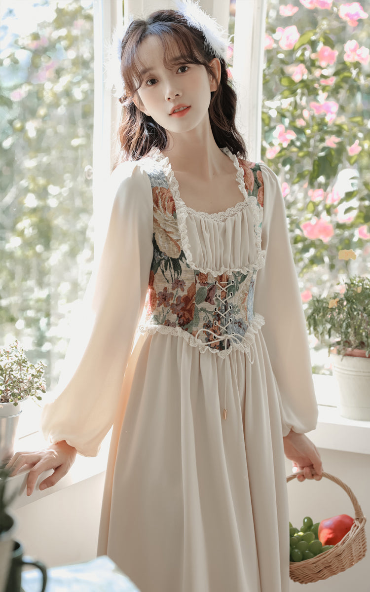 Floral Tapestry Jacquard Corset Dress (White)