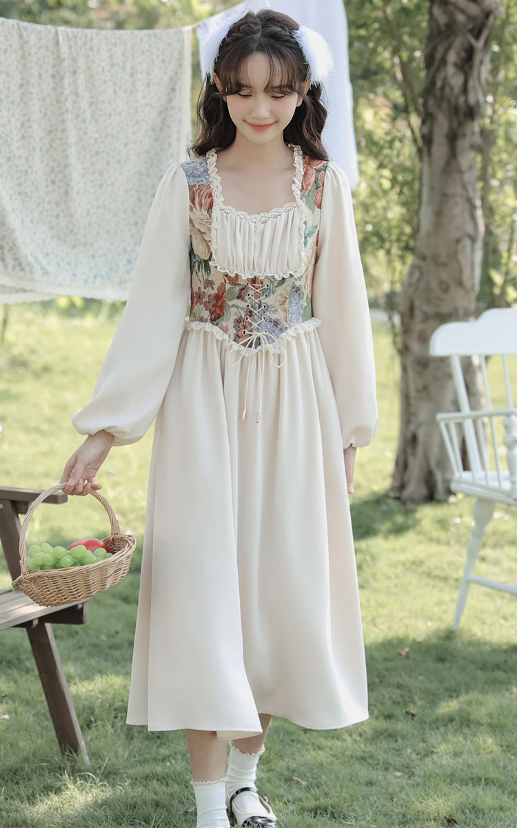 Floral Tapestry Jacquard Corset Dress (White)