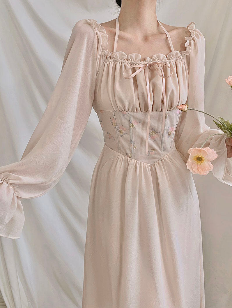 Sweet Floral Jacquard Corset Dress (Beige)