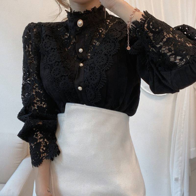 Lace High Neck Button Up Shirt (3 Colors)