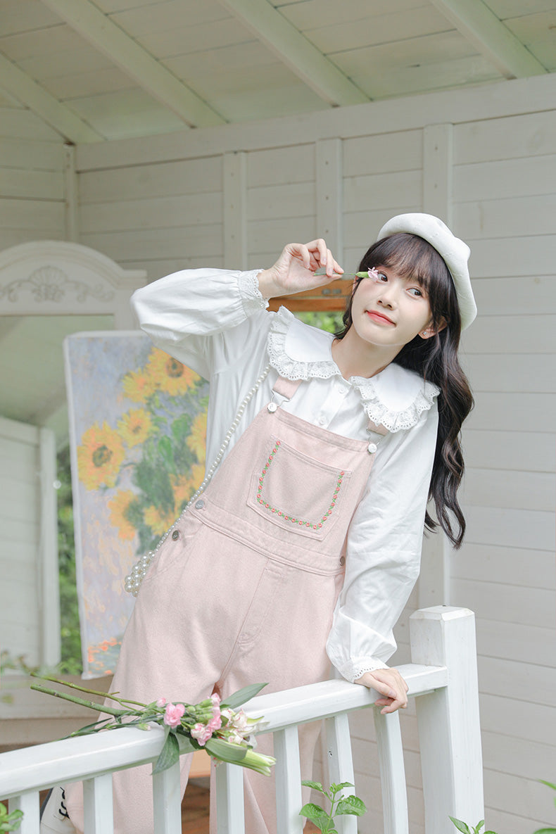 Daisy Chain Embroidered Denim Overalls (Pink)