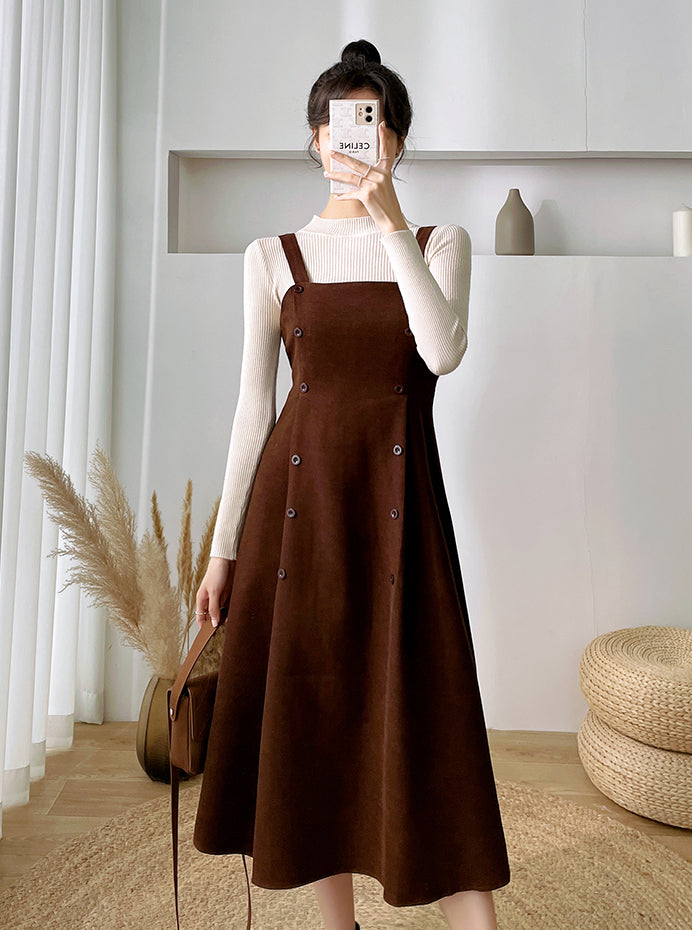 Corduroy Suede Double Button Cami Dress (2 Colors)