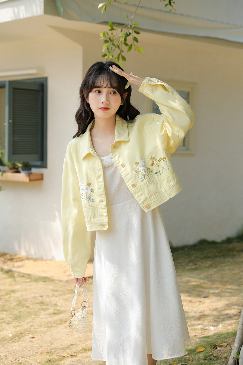 Wildflower Embroidered Cropped Jacket (Yellow)