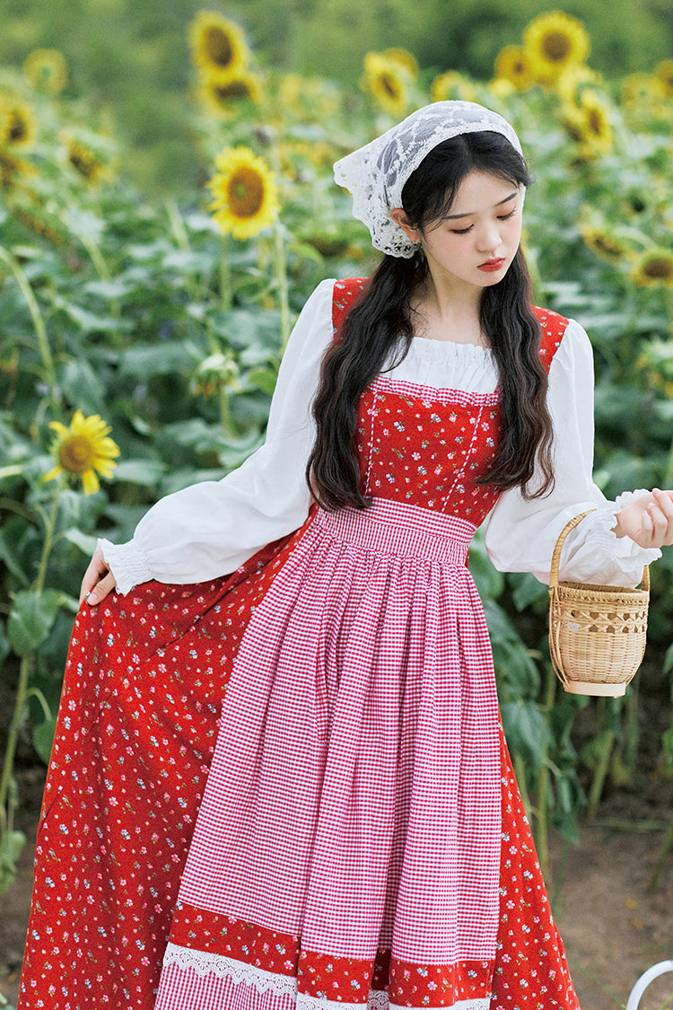 Floral Gingham Folk Dress (Red/White)