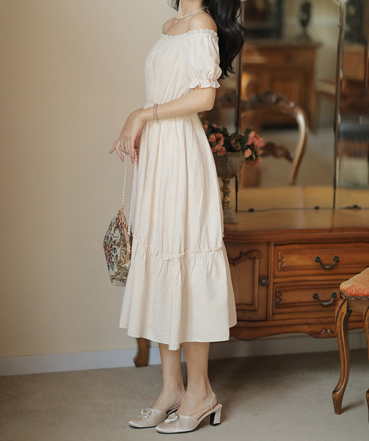 Basic Off Shoulder Jacquard Midi Dress (Cream)