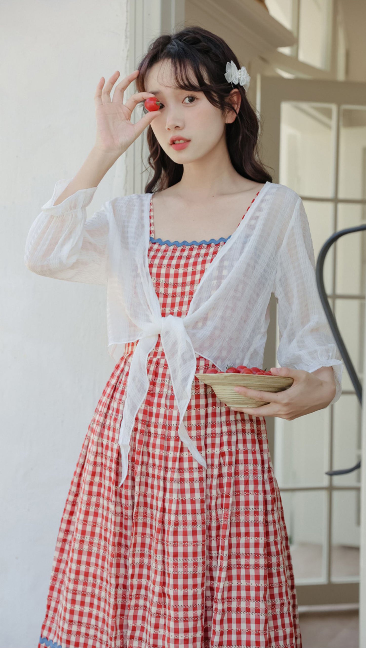 Daisy Chain Gingham Midi Dress (Red)