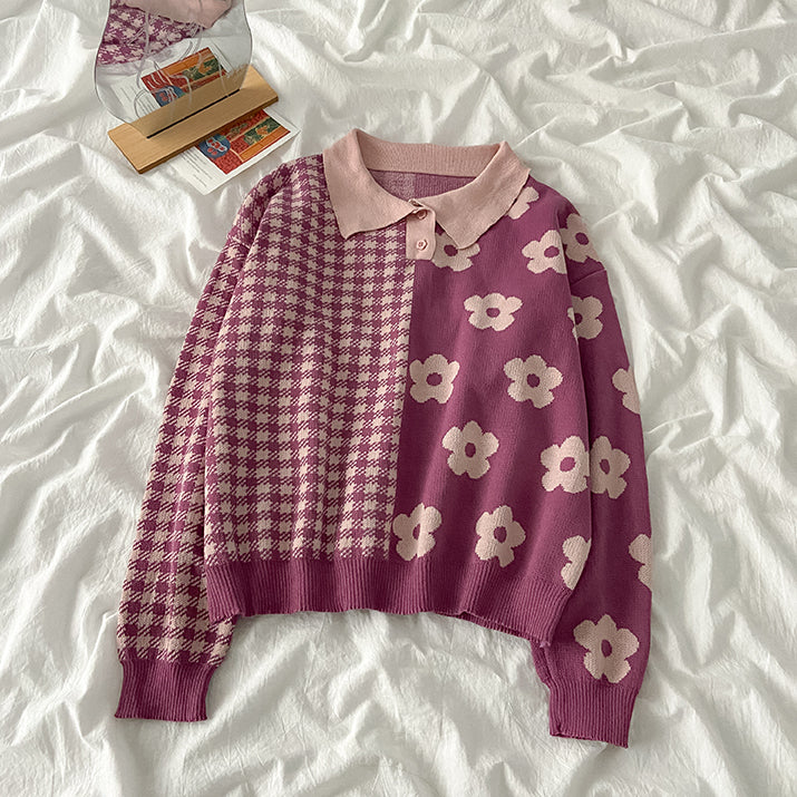 Gingham Daisy Polo Sweater (2 Colors)