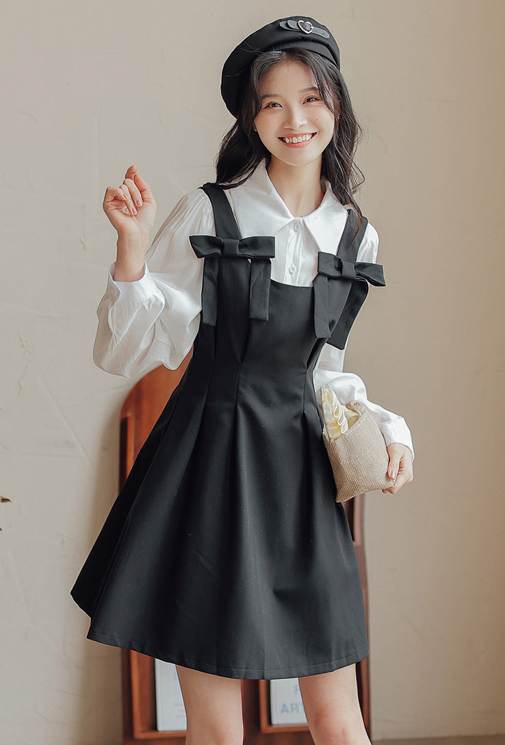 Little Bow Mini Pinafore Dress Set (2 Colors)