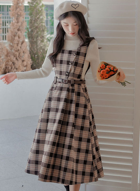 Academia Plaid Pinafore Midi Dress (2 Colors)