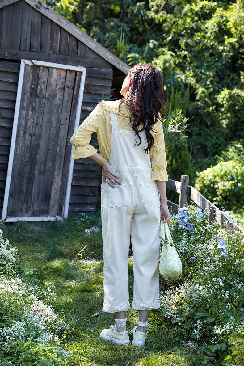 Bow Floral Embroidered Overalls (Cream)