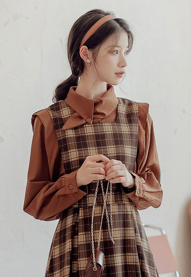 Crepe Plaid Pinafore Dress Set (2 Colors)