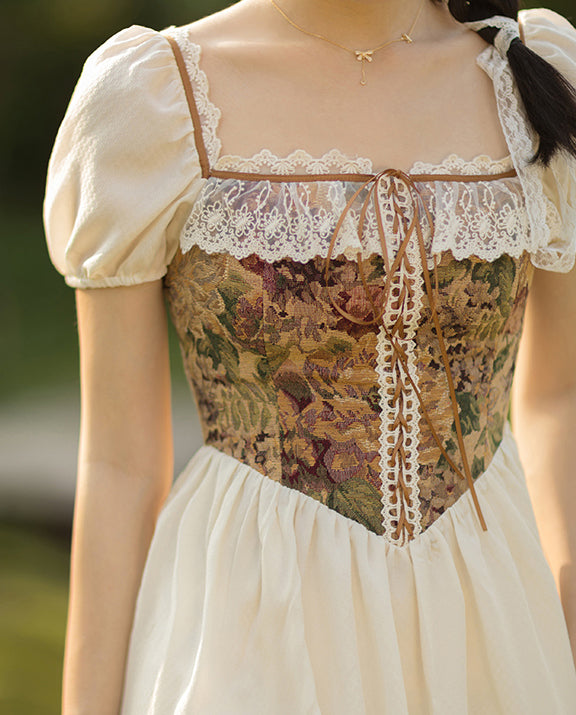 Rustic Floral Countryside Midi Dress (Cream)