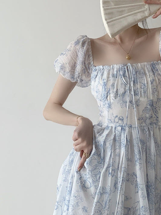 Porcelain Sketch Midi Dress (White/Blue)