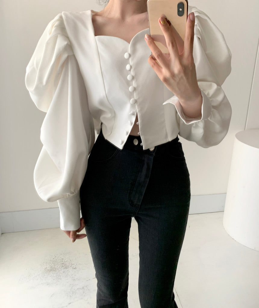 Button up best sale puff sleeve blouse