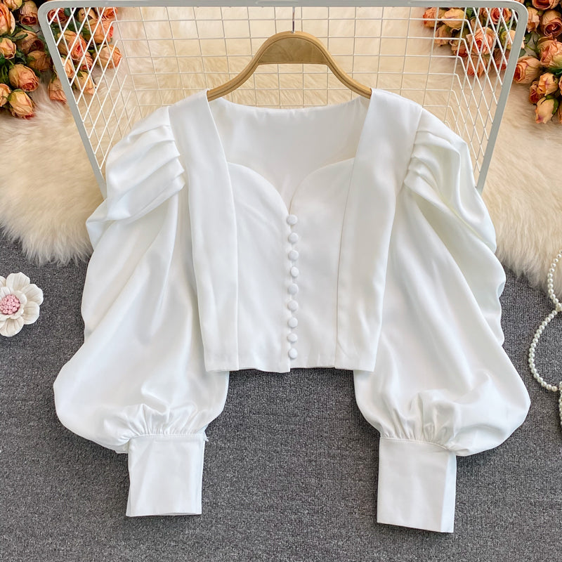 Puff Sleeve Sweetheart Button Up Blouse (2 Colors)