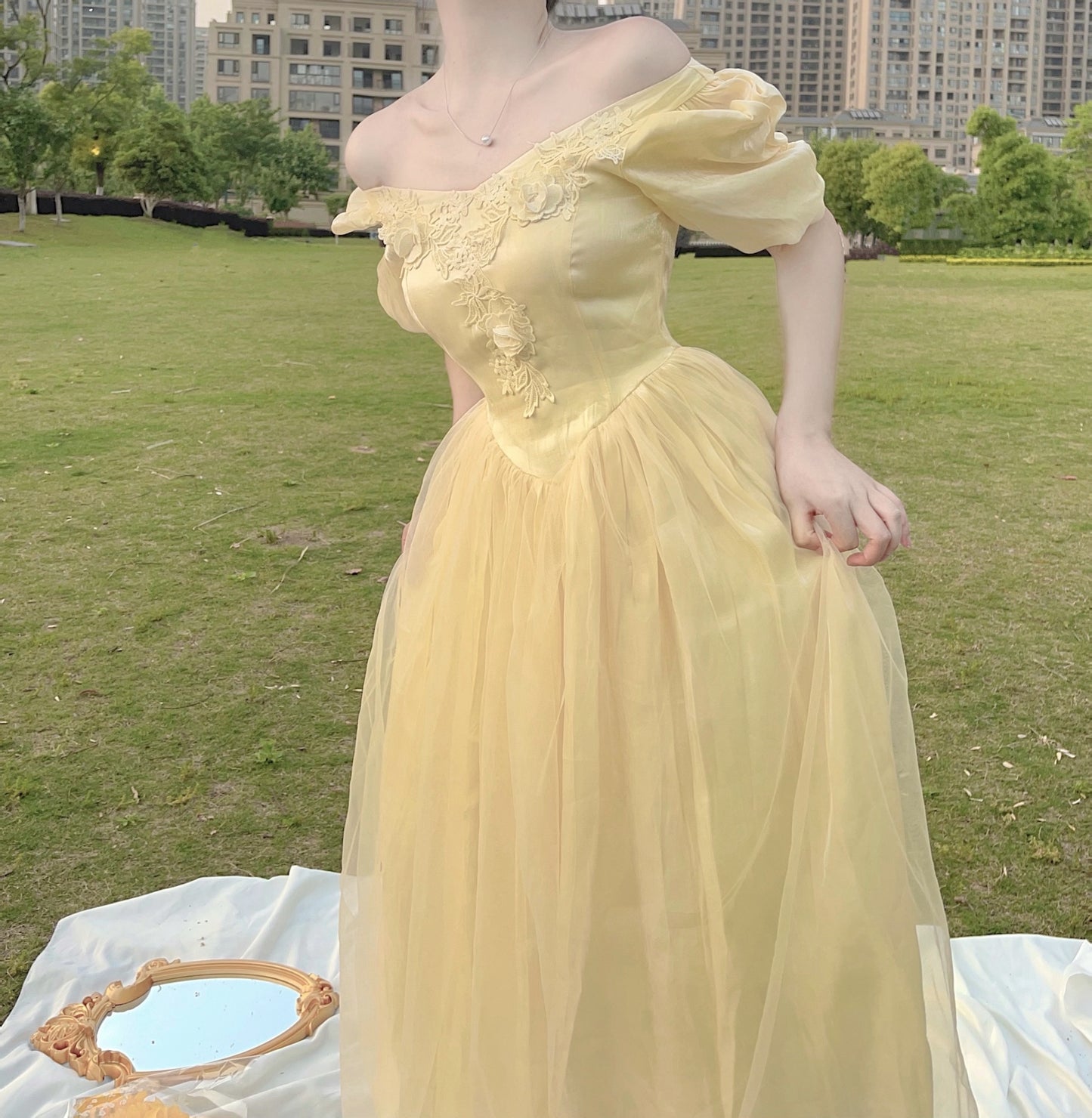 Belle Satin Puff Sleeve Maxi Dress (Yellow)