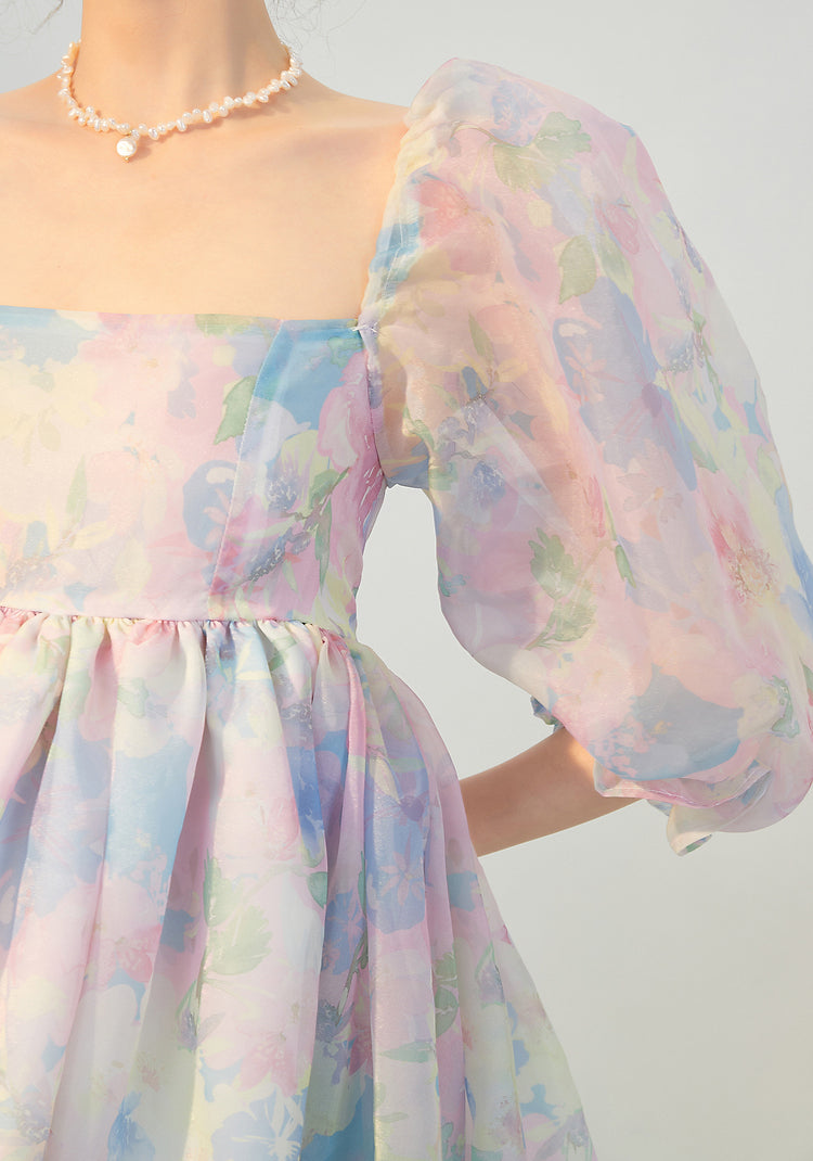 Watercolor Floral Puff Dress (Blue/Pink)