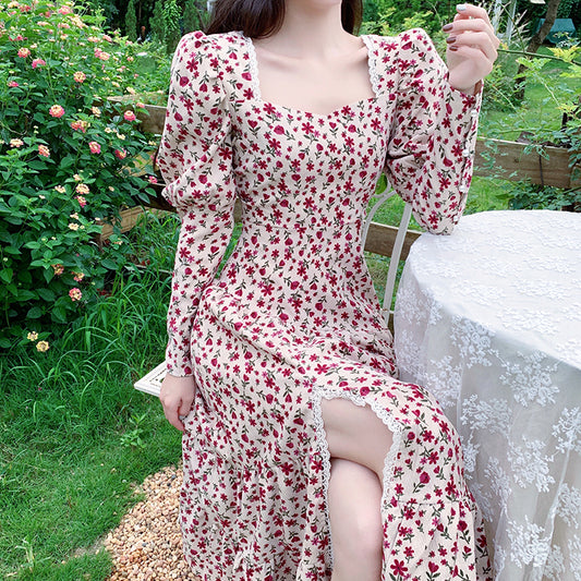 Sweet Floral Corduroy Midi Dress (Cream/Pink)