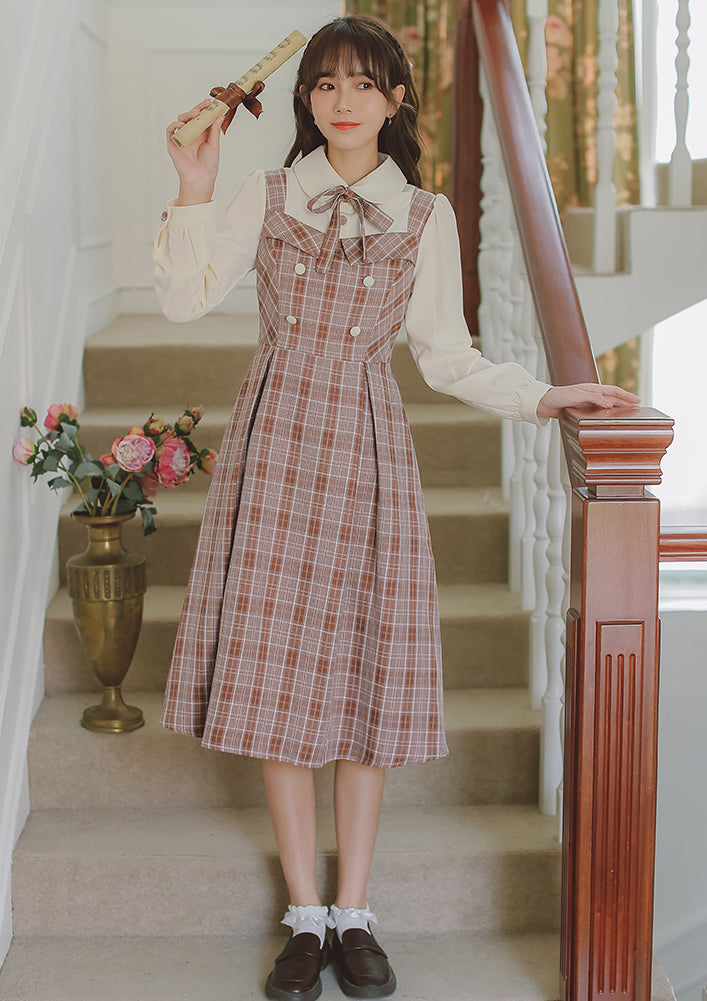 Cocoa Plaid Twofer Midi Dress (Cream/Brown)