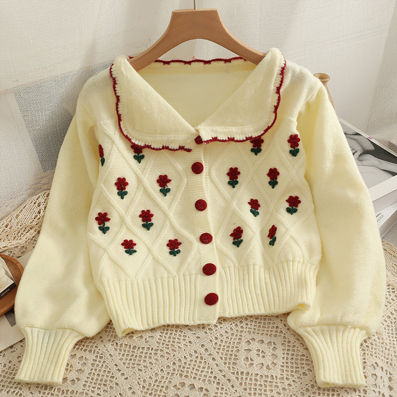 Embroidered Floral Cropped Cardigan (White/Red)