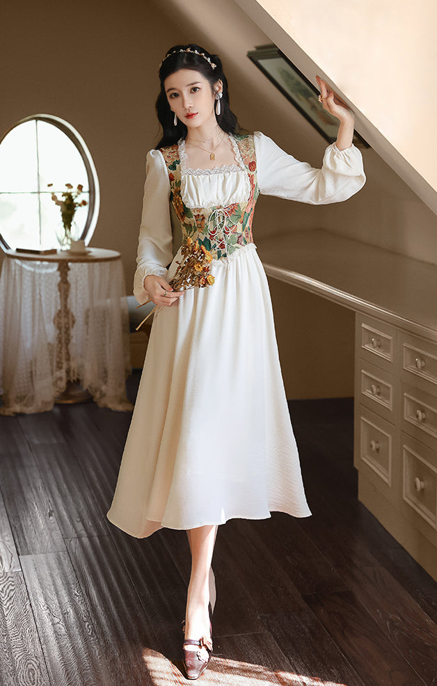Floral Tapestry Jacquard Corset Dress (White) Chiffon / M Floral Tapestry Jacquard Corset Dress (White) Chiffon / M