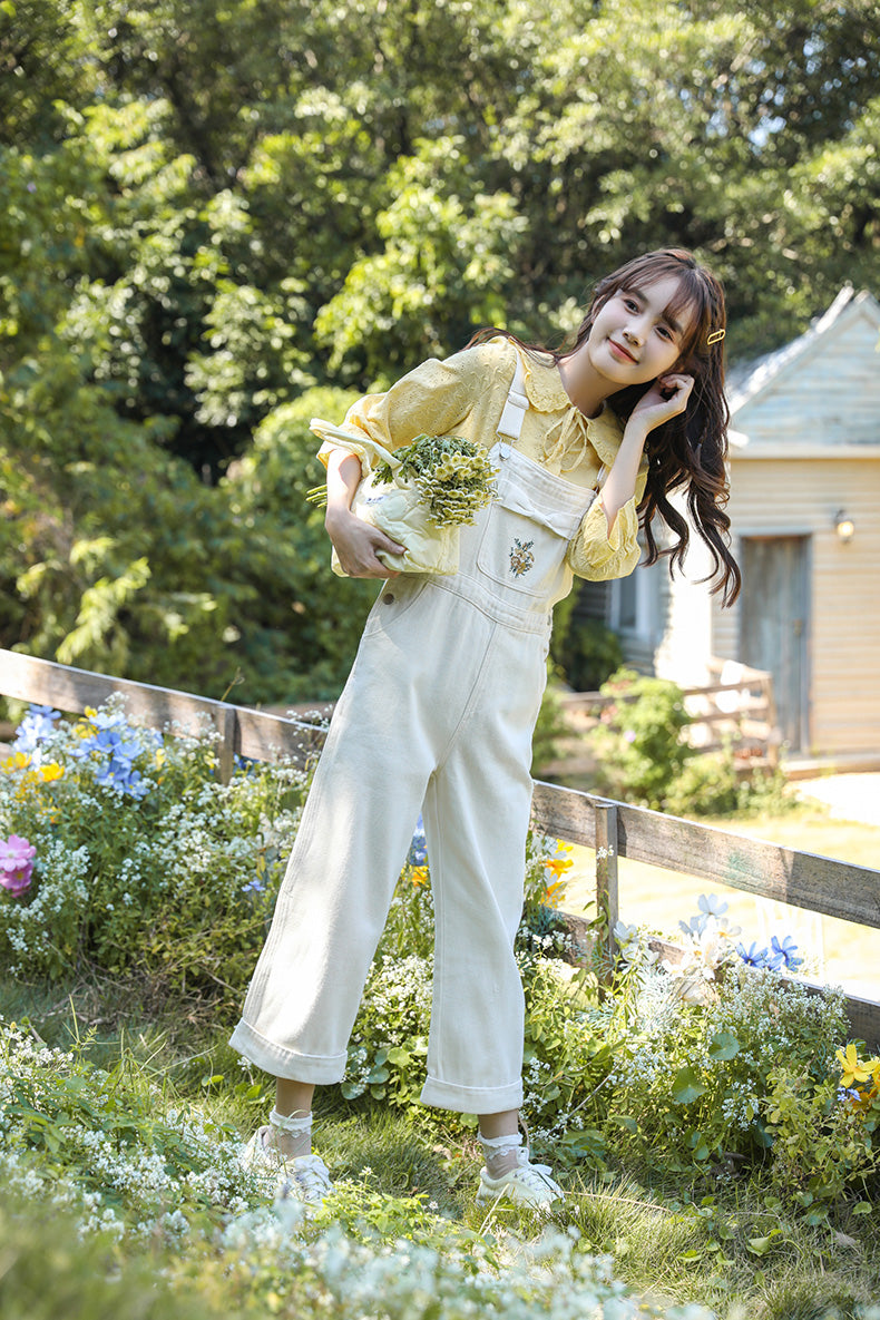 Bow Floral Embroidered Overalls (Cream)