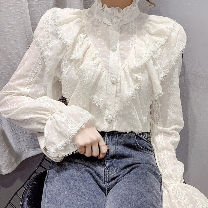 Ruffle Lace High Neck Button Up Shirt (2 Colors) – Megoosta Fashion