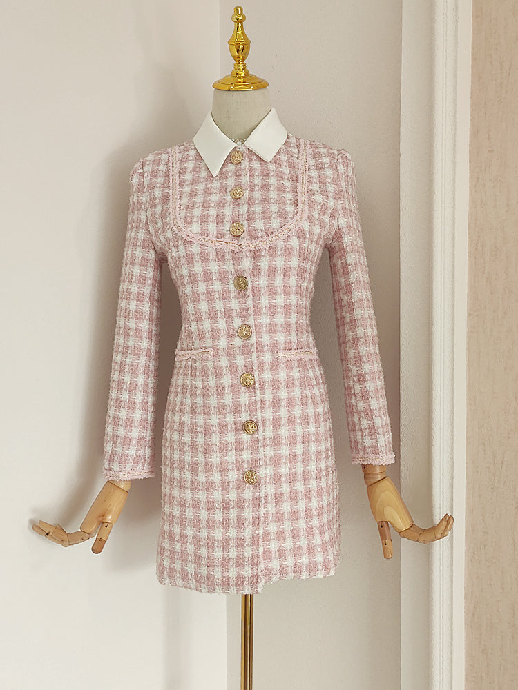 Preppy Tweed Button Up Dress (Pink)