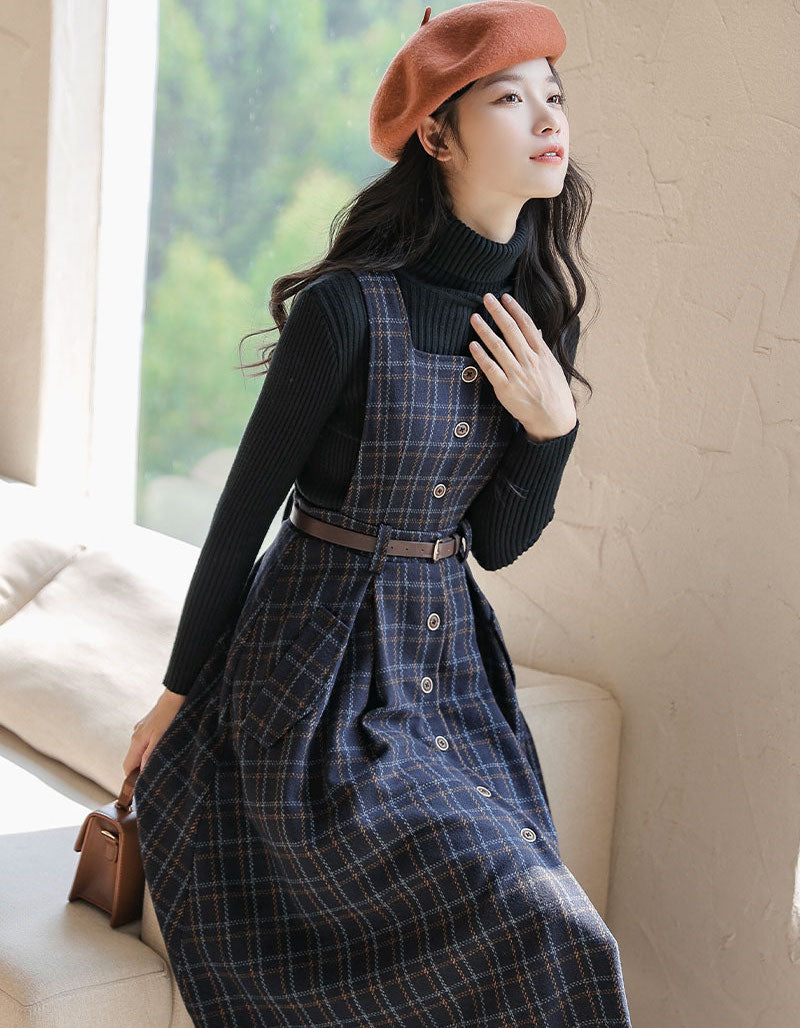 Button Up Plaid Pinafore Dress 2 Colors Megoosta Fashion