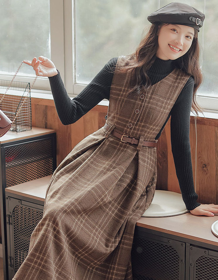 Coffee Plaid Midi Pinafore Dress (Brown)