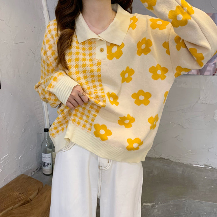 Gingham Daisy Polo Sweater (2 Colors)