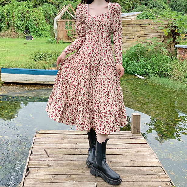 Sweet Floral Corduroy Midi Dress (Cream/Pink)